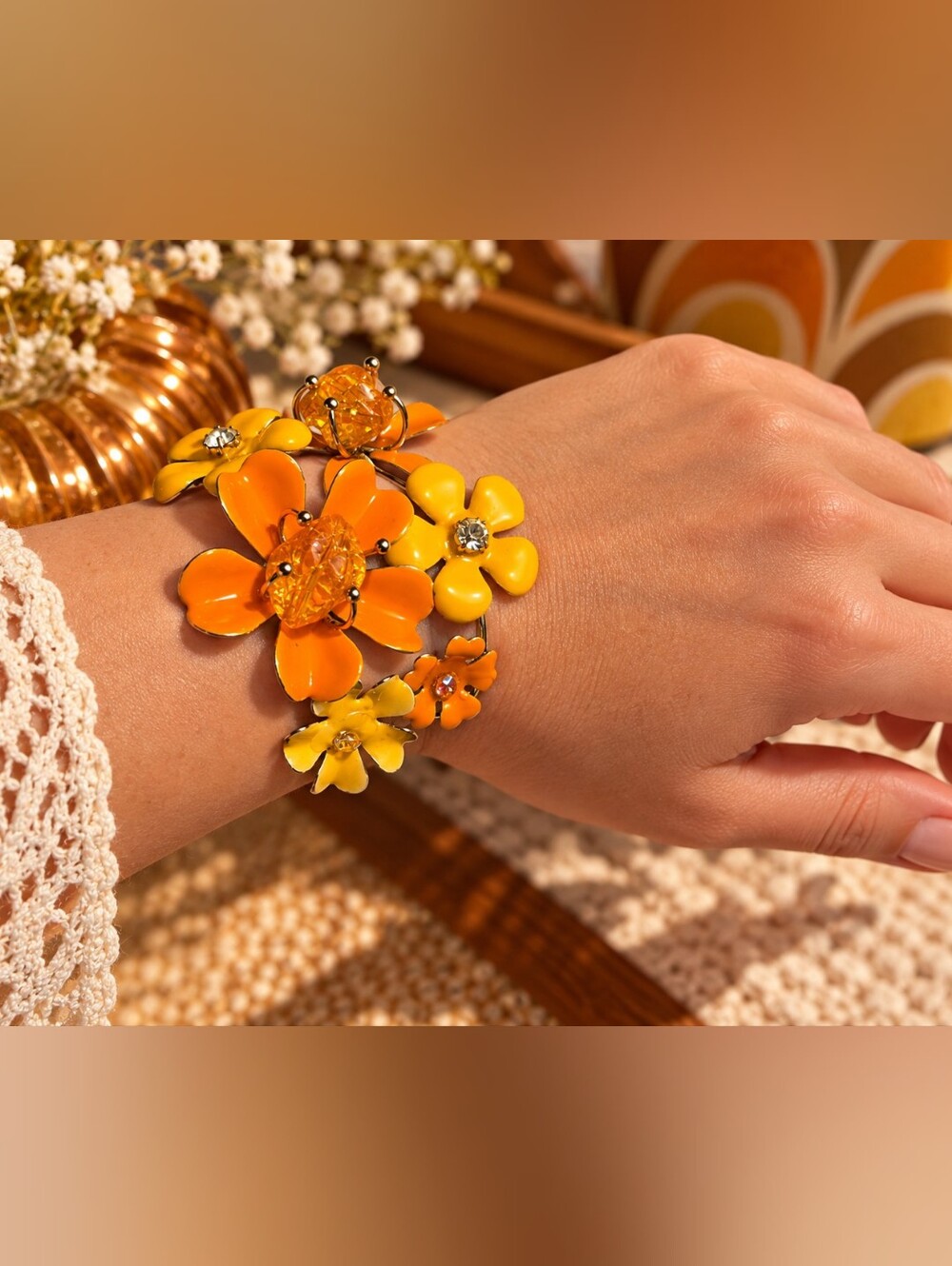 🌼 Vintage Orange Yellow Enamel Floral Cuff Bracelet Retro 60s/70s Flower Power
